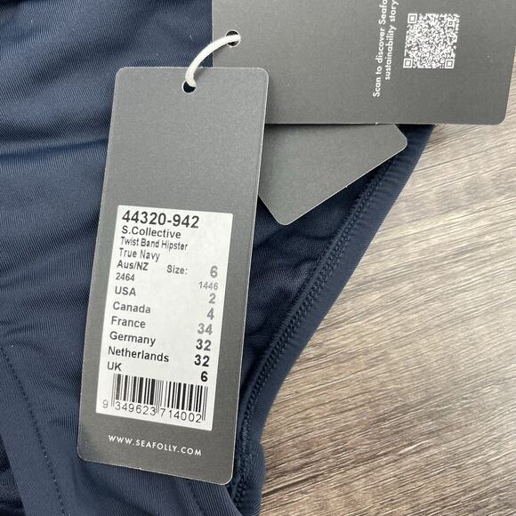 SEAFOLLY Collective Size 6 Swimsuit Bottom Twist Band Hipster Navy Blue Bikini - Picture 3 of 5